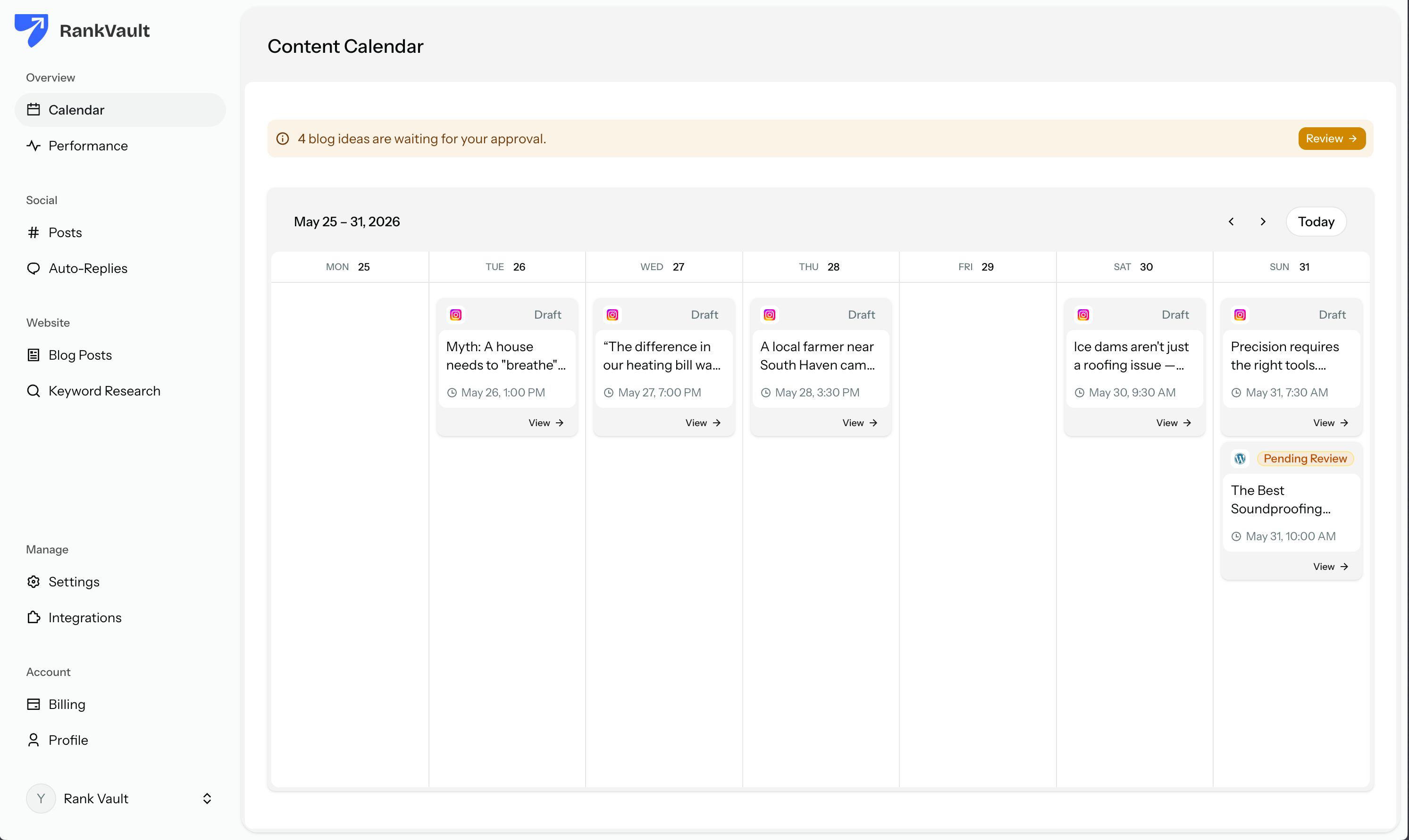 RankVault dashboard showing the 30-day content calendar with blog posts queued for approval